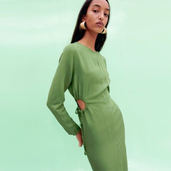 NWOT Zara green side cut out linen blend dress XS - Picture 2 of 8